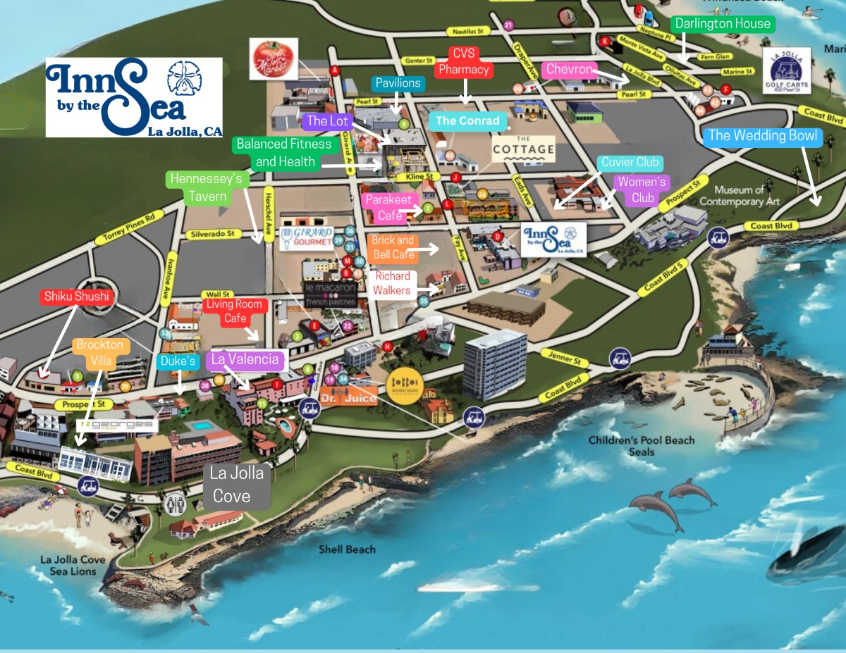 Illustrated map of La Jolla Village showing Inn by the Sea, the Wedding Bowl, and nearby restaurants and sights